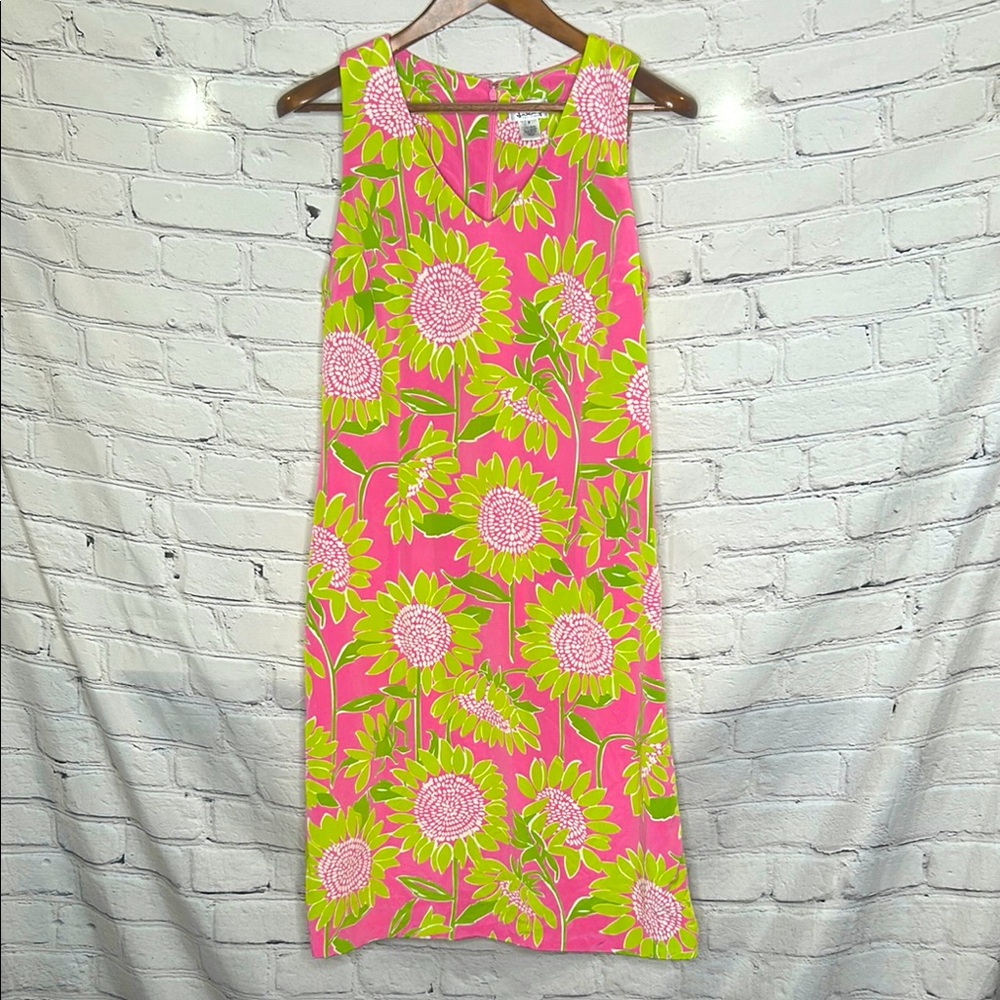 Lilly Pulitzer Pink & Green Sunflower Print Vintage Sleeveless Dress Size 8